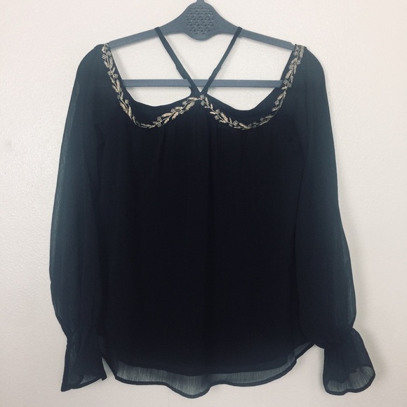 Talori Blouse Off Shoulder Black Gold Leaves Design Size Small - Picture 1 of 8